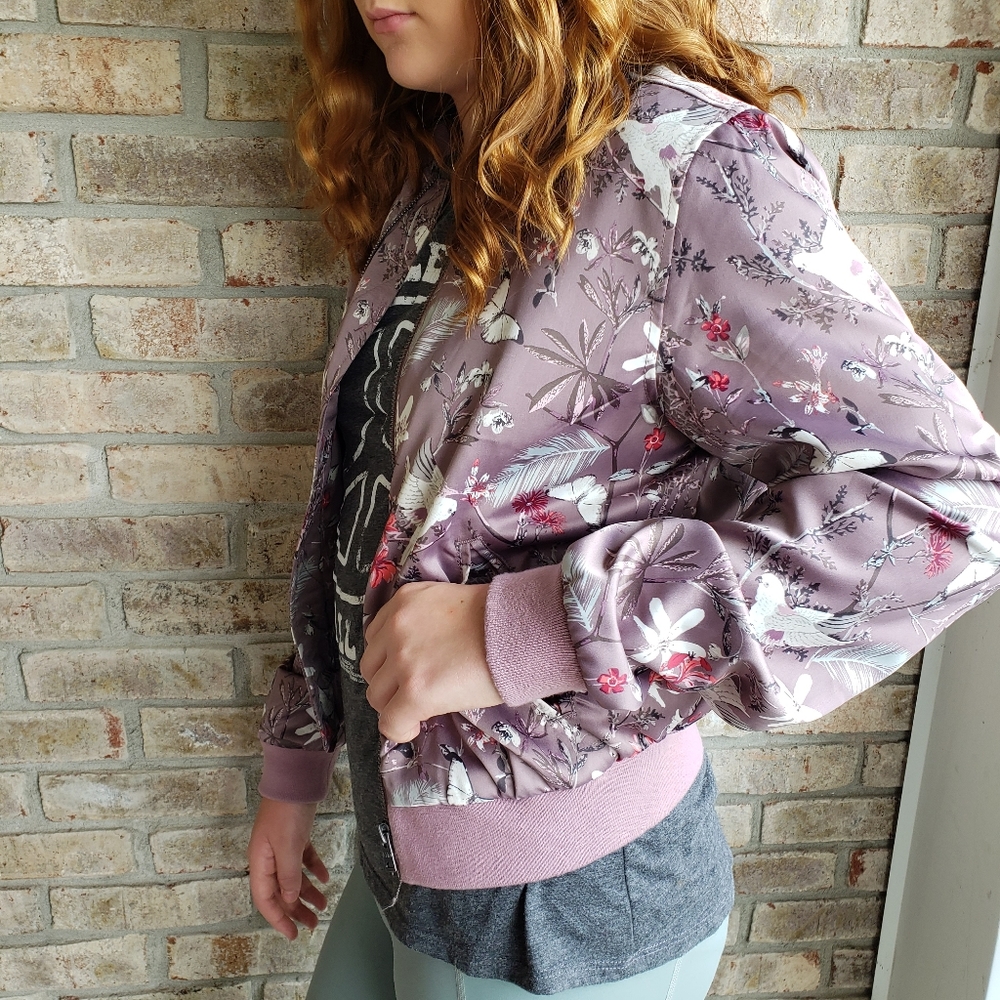 Aeropostale Purple Floral Satin Bomber Jacket M - Picture 4 of 16